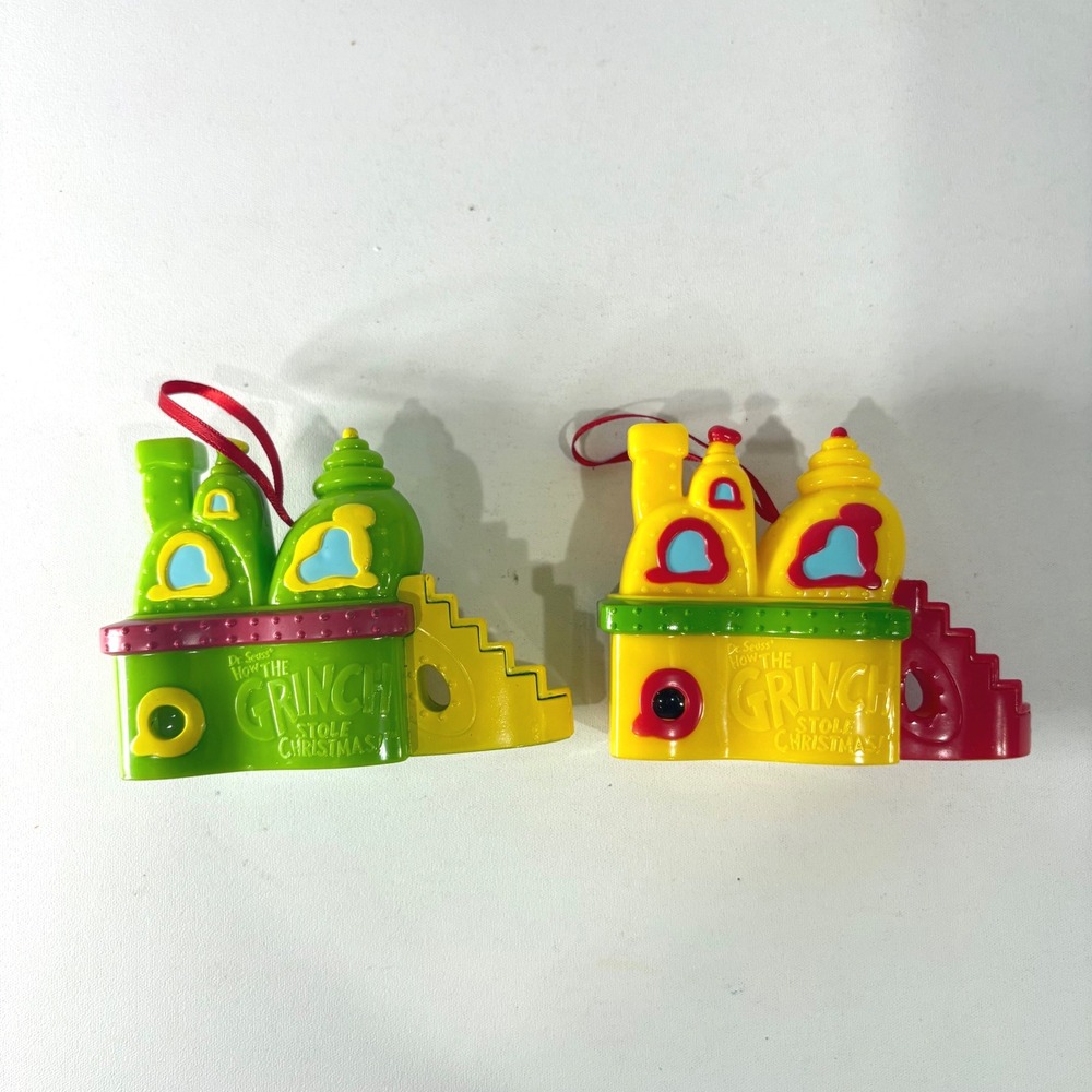 Dr Seuss How The Grinch Stole Christmas Whoville House Ornament Set of 2 Plastic
